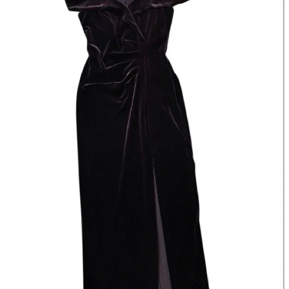 Xscape Velvet Burgundy Off the shoulder Evening maxi Dress Gown with side slit - Picture 9 of 13